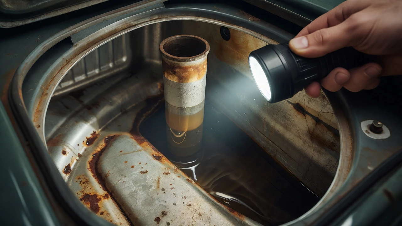 Flashlight illuminating rust and water separation inside a car fuel tank