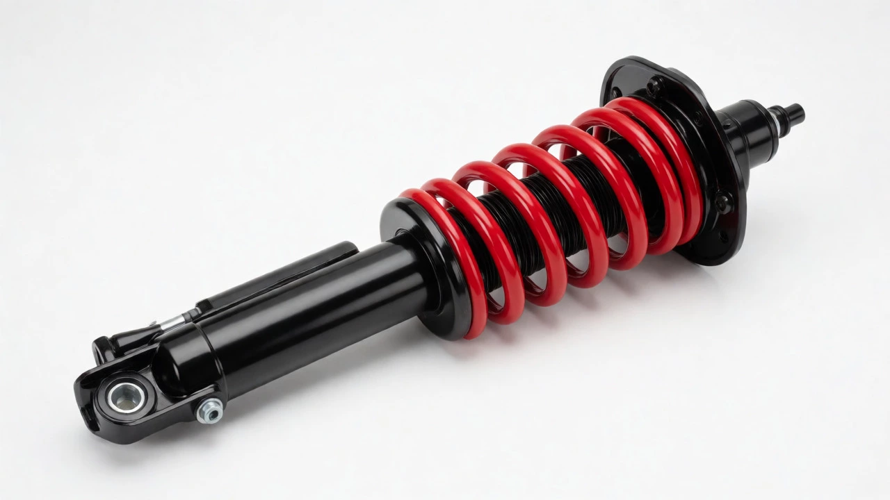 Front strut assembly with red lowering spring against a white background showing upgraded suspension parts.