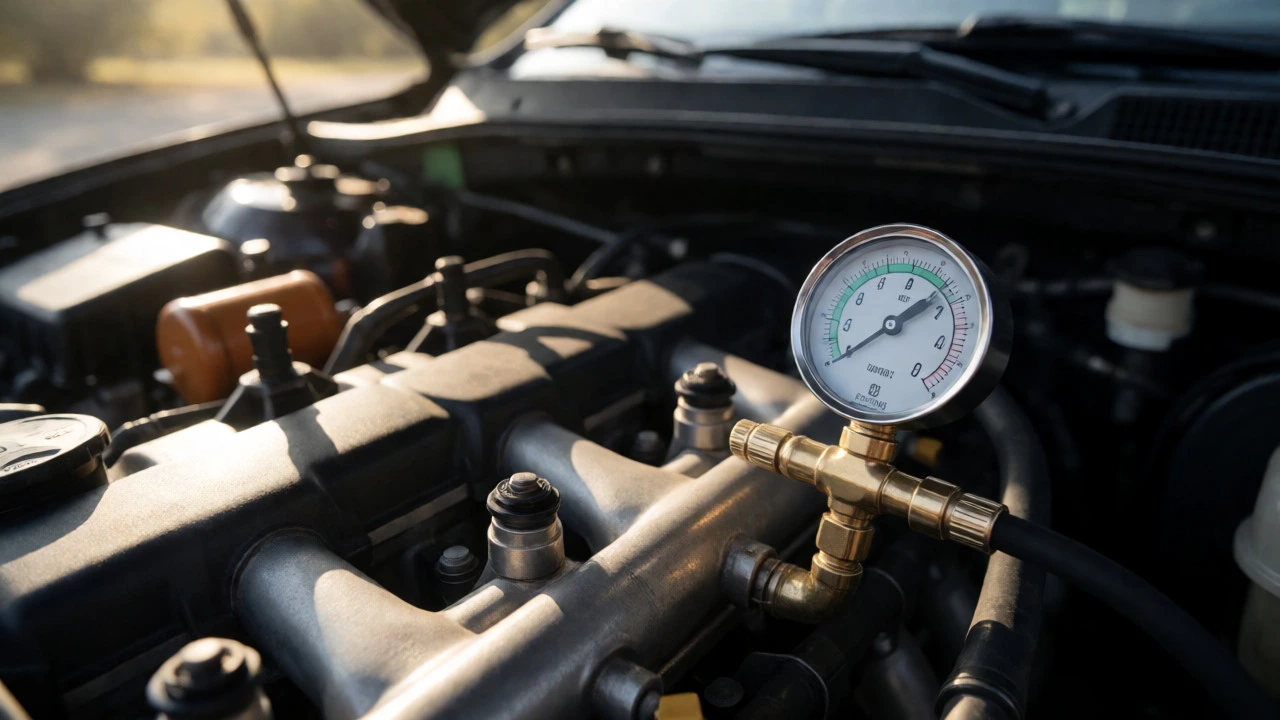Fuel pressure gauge connected to engine fuel rail