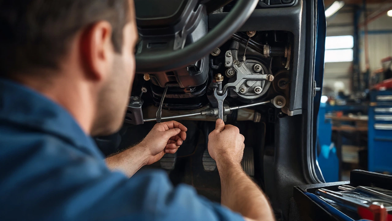 Mechanic adjusting the clutch cable barrel under the dashboard of a manual car.