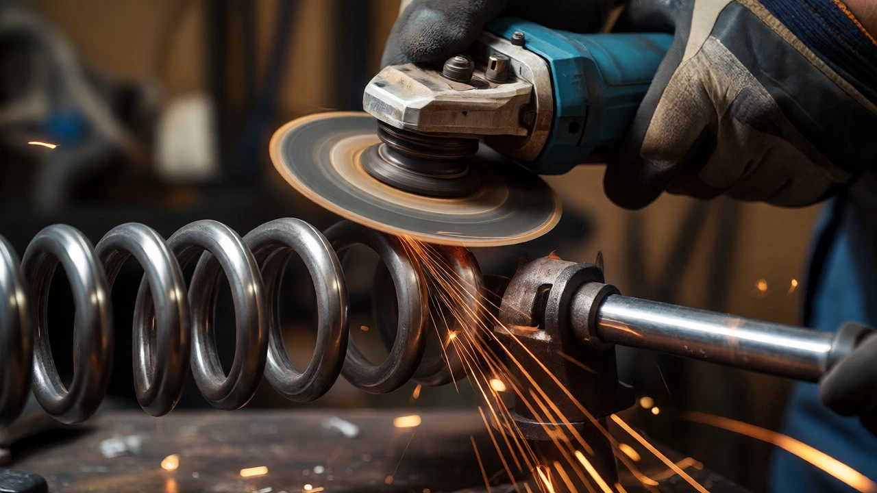 Mechanic cutting a coil spring with an angle grinder in a garage