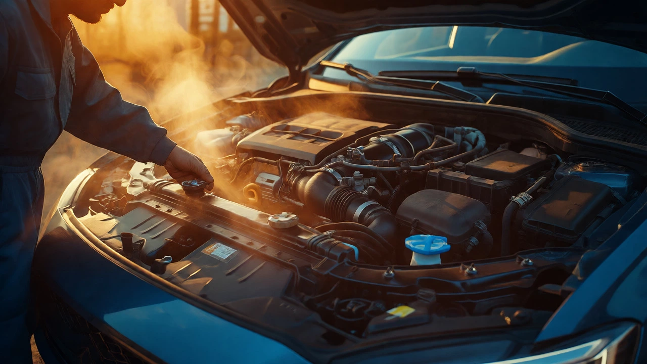 Mechanic inspecting a steaming car engine bay during golden hour.