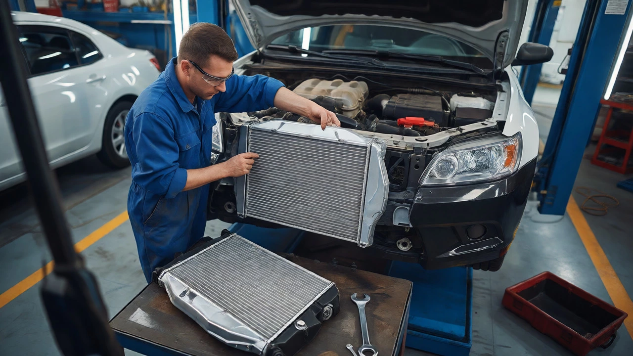 Mechanic installing a new radiator into a car at an auto repair shop.