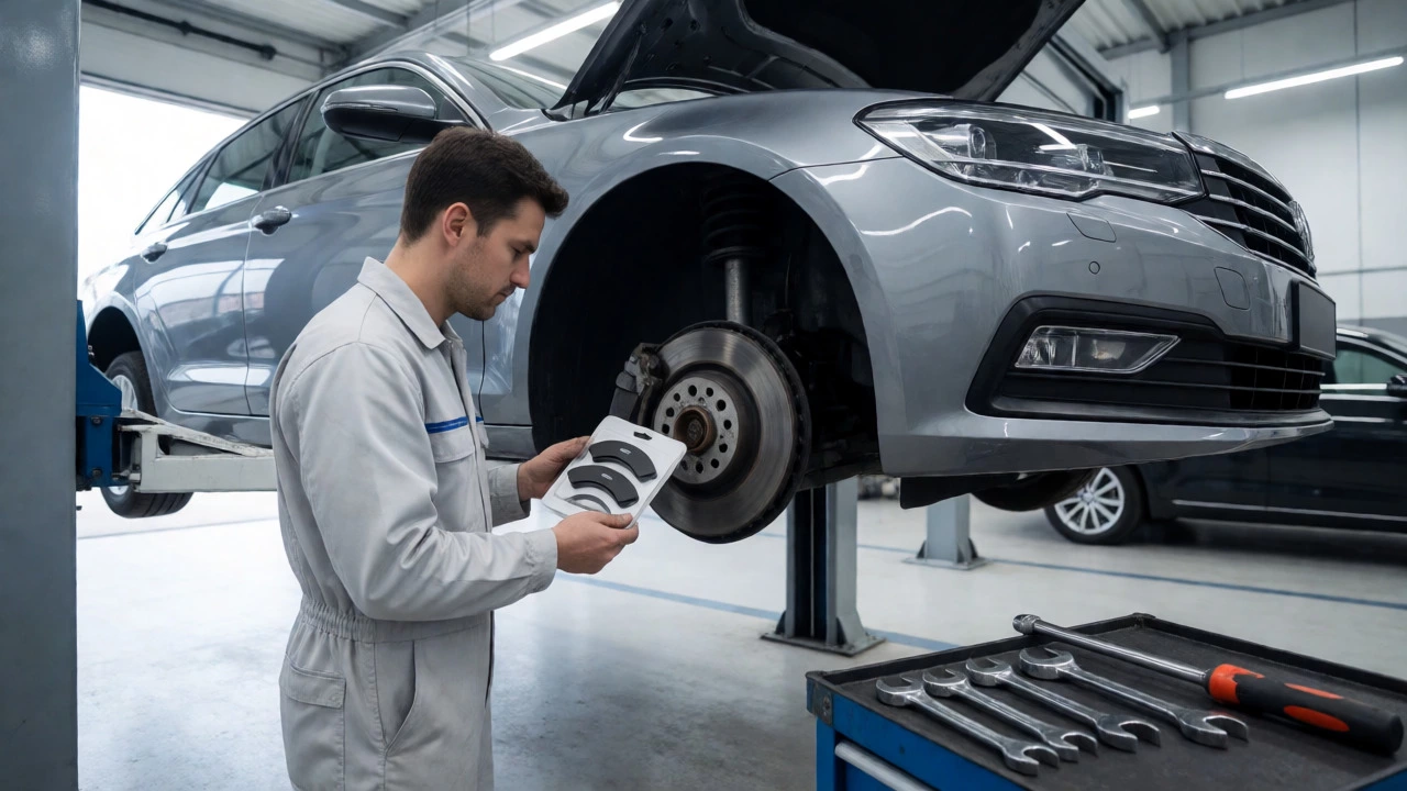 Mechanic replacing brake pads on a lifted car