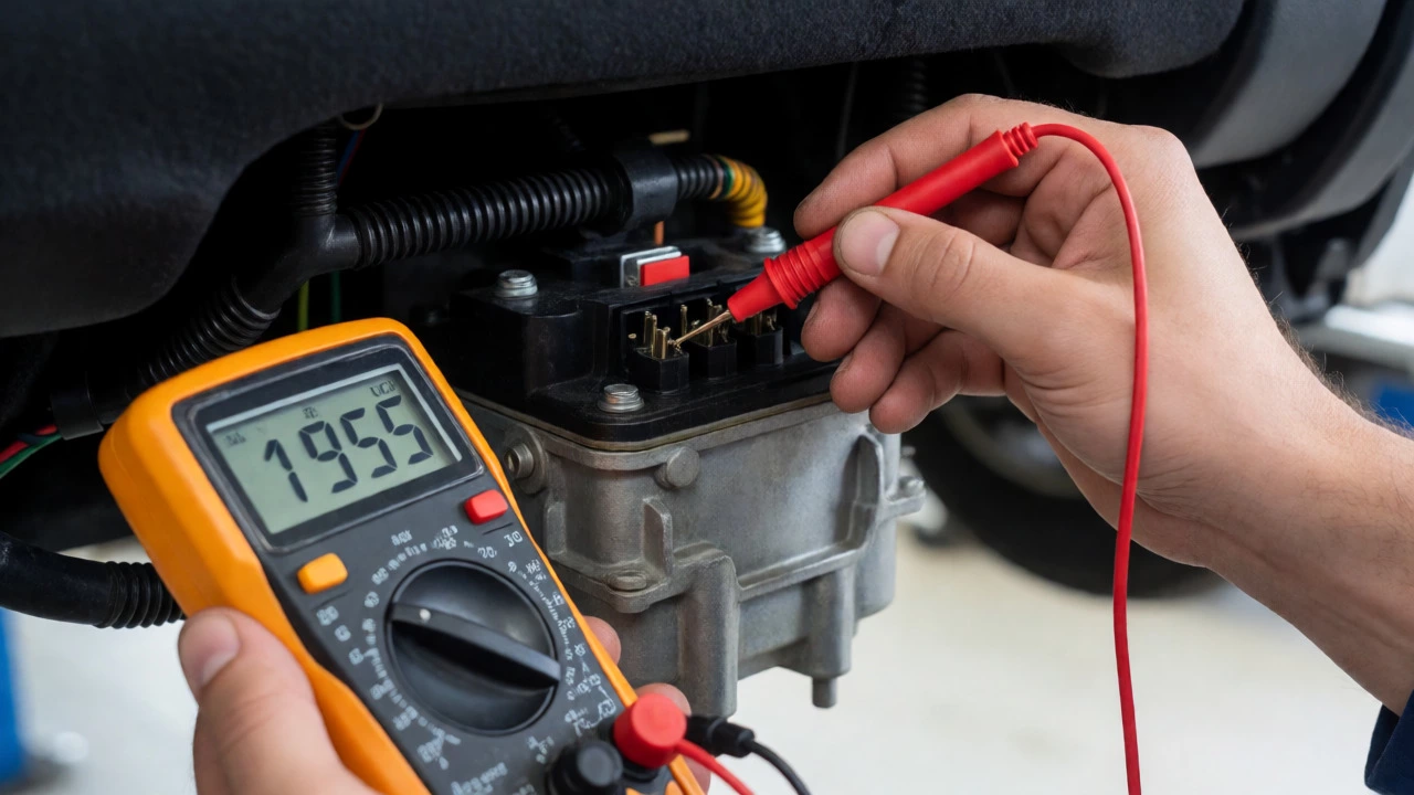 Mechanic testing fuel pump voltage with multimeter probes