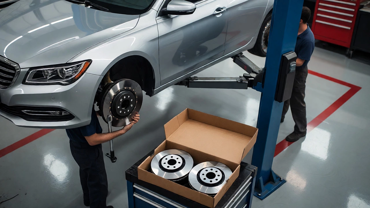 Mechanics installing new coated brake rotors on a lifted car
