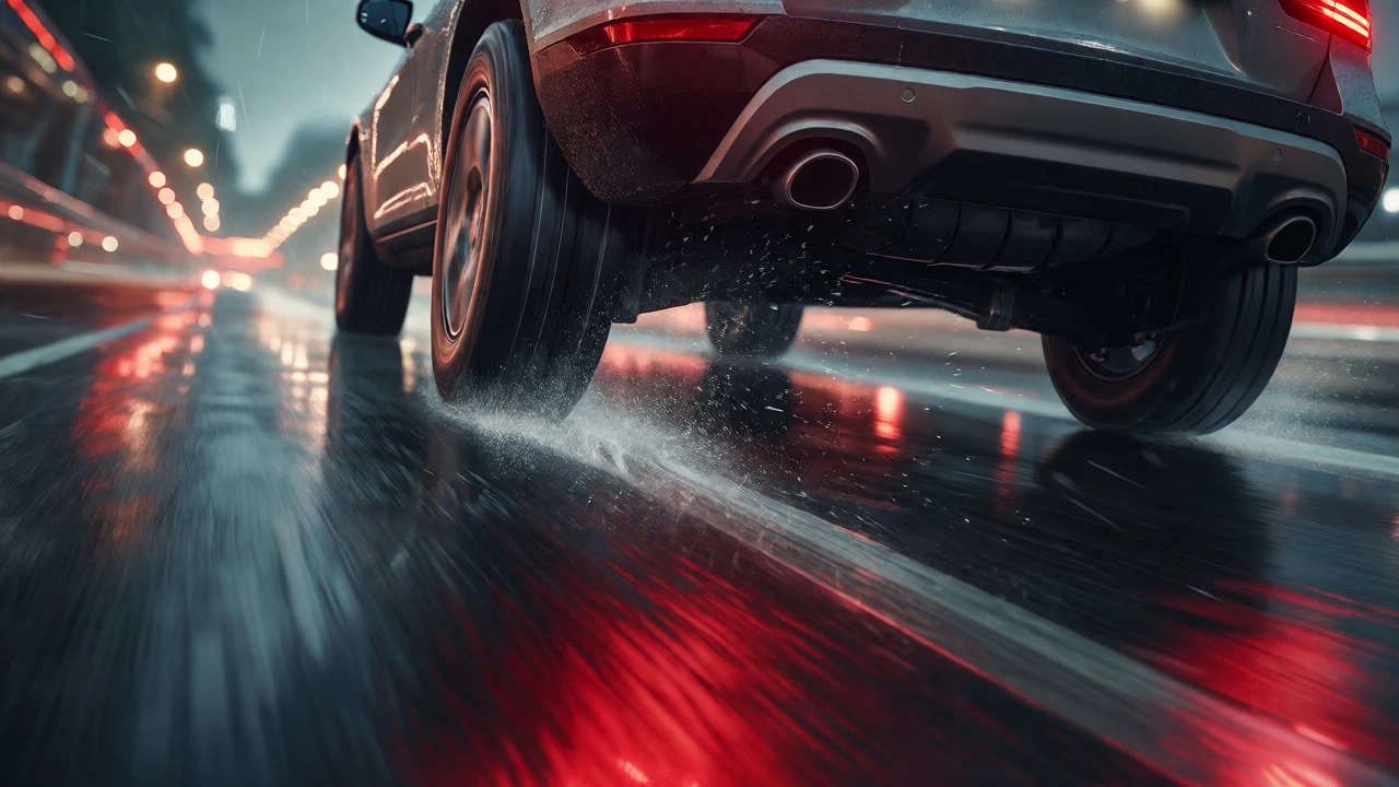 Rear of a car skidding on wet pavement at night, illustrating rear brake failure.