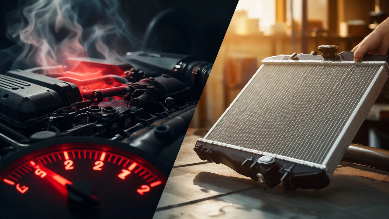 Split image comparing overheated engine failure with successful radiator replacement.