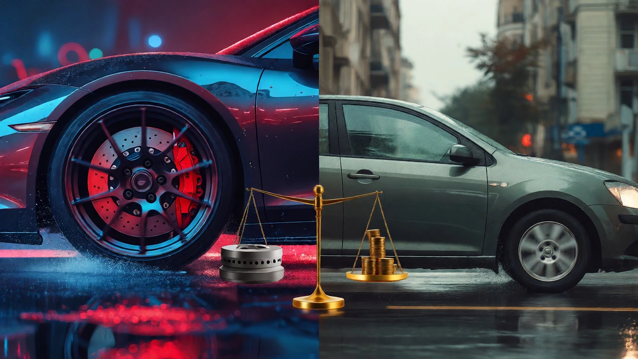 Split image showing sports car braking and city car driving