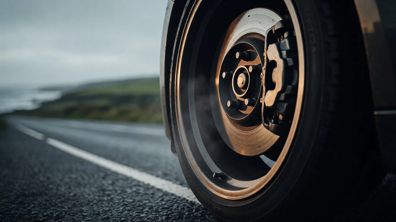 Car wheel assembly stopping on a misty coastal road in Devon