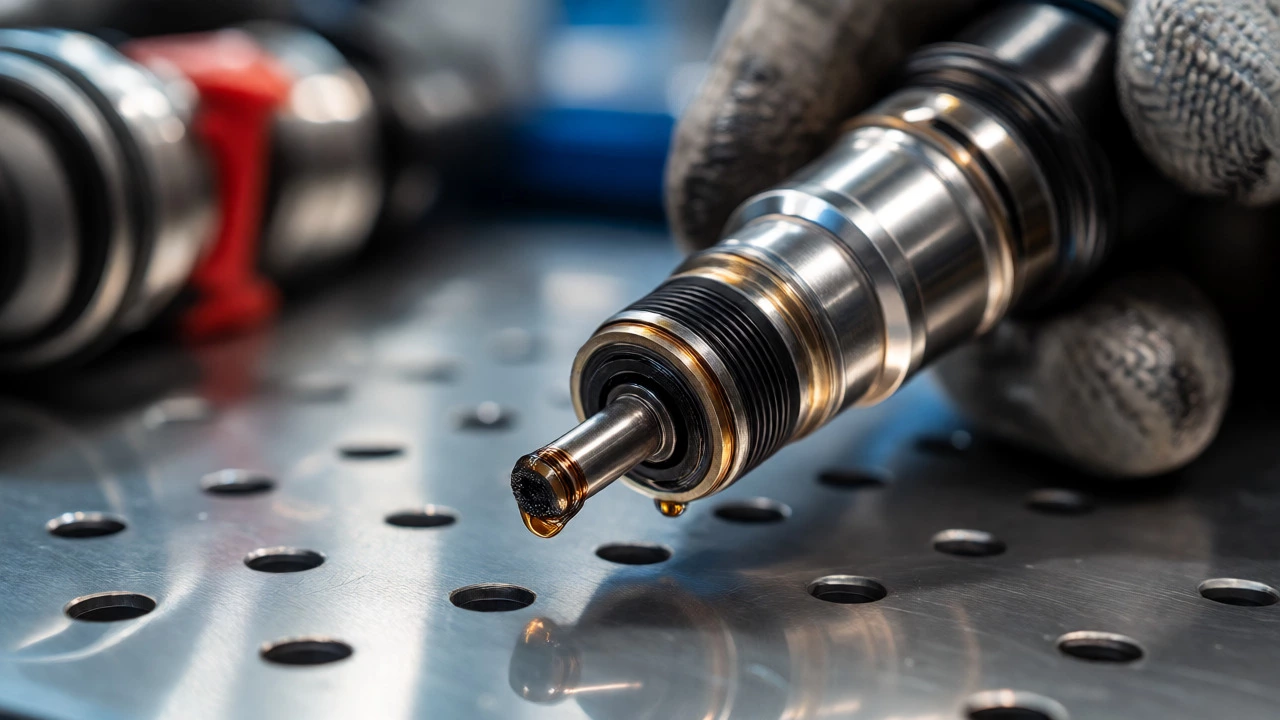 Close-up of a dirty fuel injector with carbon buildup and a fuel droplet on its nozzle.