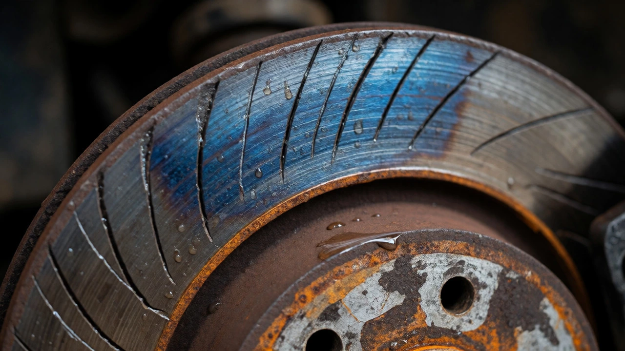 Close-up of a scored and blue-discolored brake rotor showing wear
