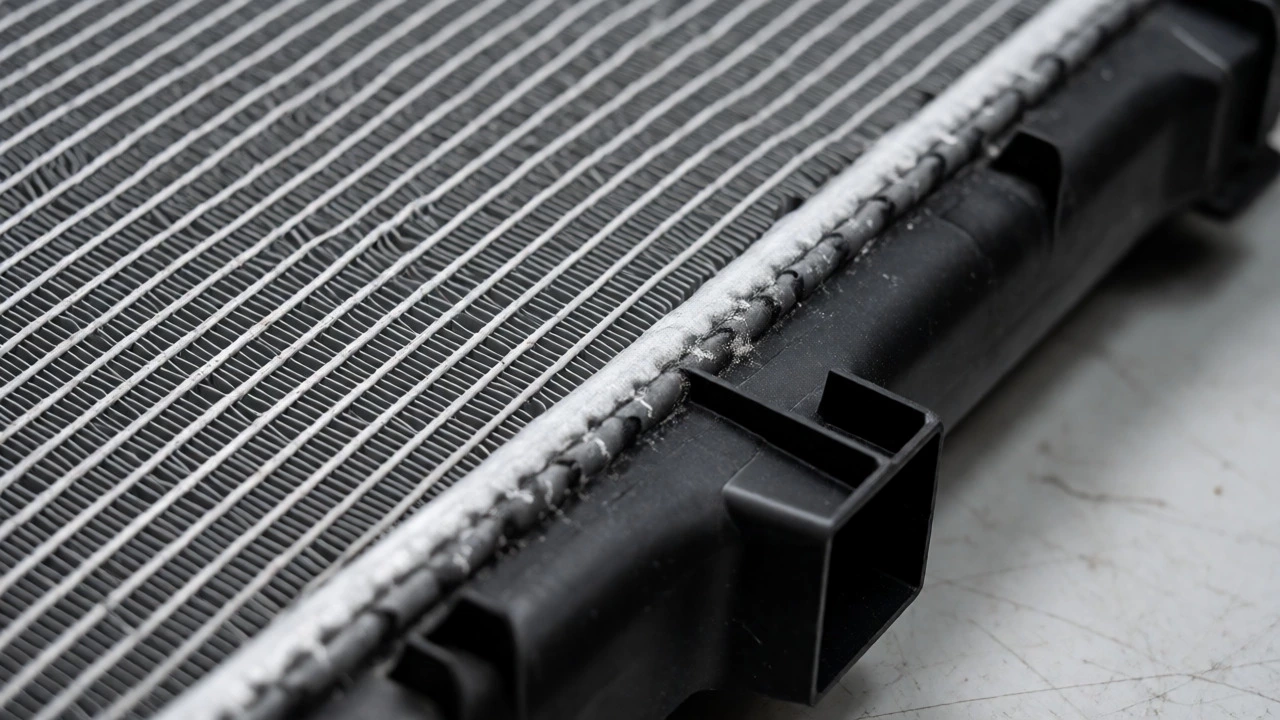 Close-up of an old car radiator with corroded fins and plastic tanks