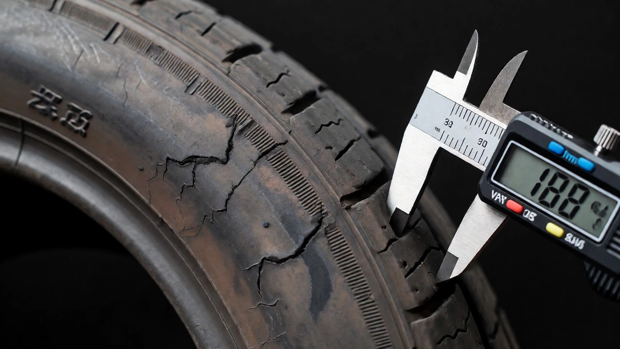 Close-up of cracked tire sidewall with tread depth gauge