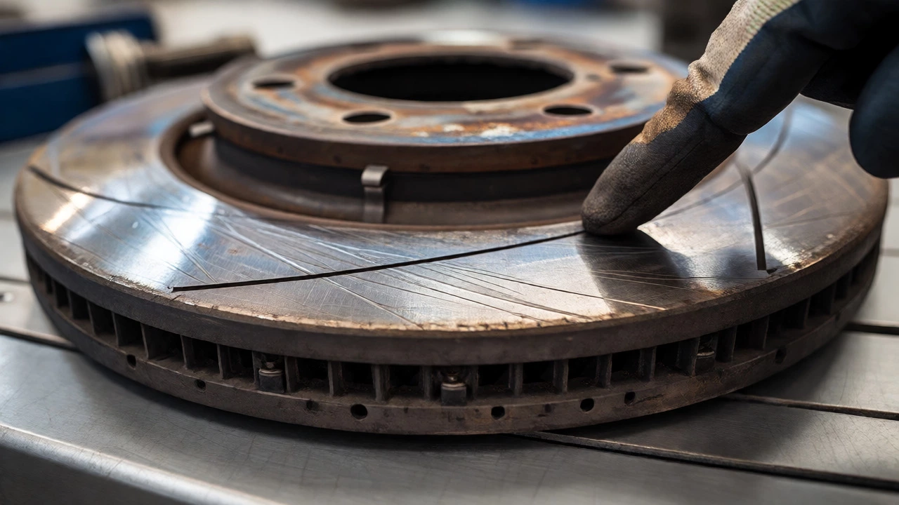 Close-up of scored and scratched brake rotor surface