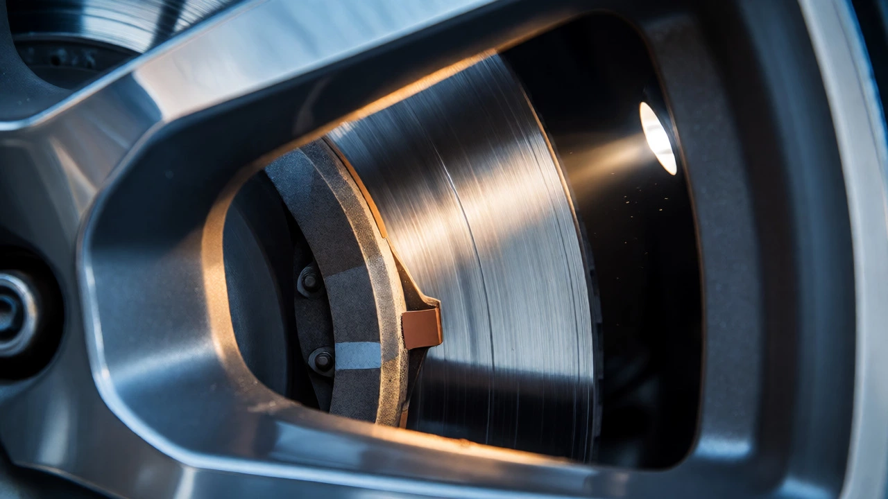 Close-up of worn brake pad and rotor illuminated by flashlight