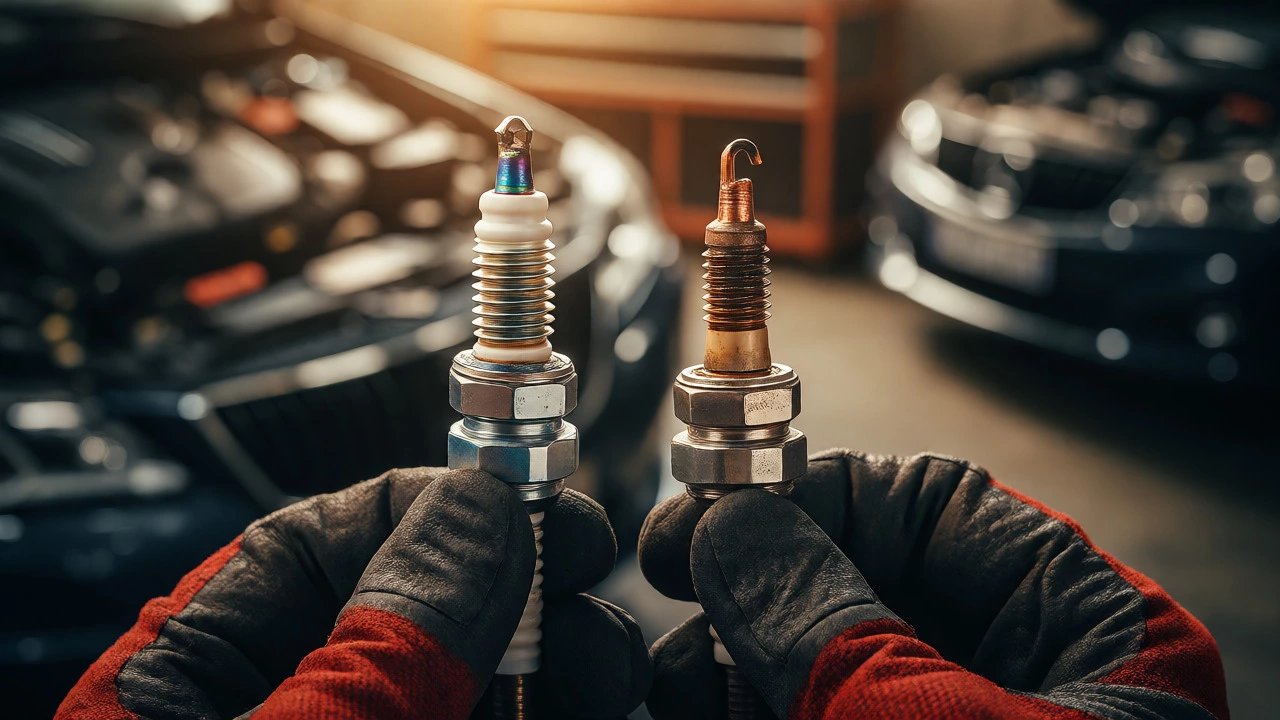 Comparison of a new iridium spark plug against an old worn copper spark plug.