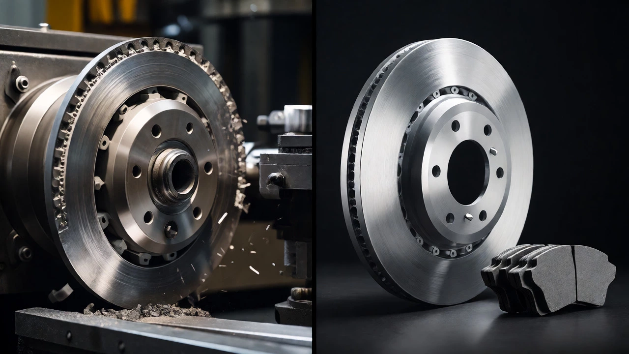 Comparison of worn rotor being machined versus new replacement