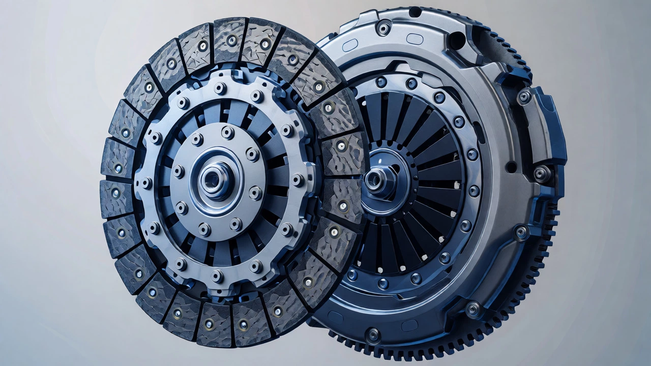 Cross-section view of worn clutch disc and pressure plate showing slip gap