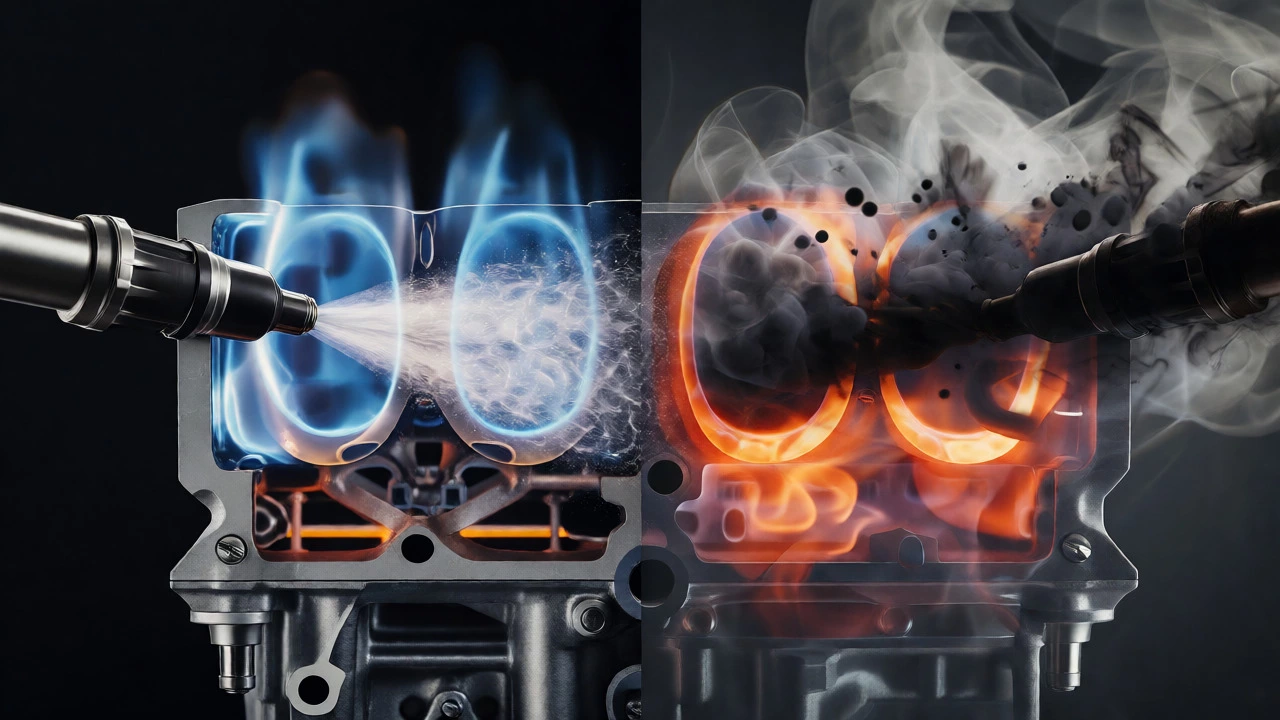 Cutaway diagram comparing clean fuel spray from a good injector versus black smoke from a leaking one.