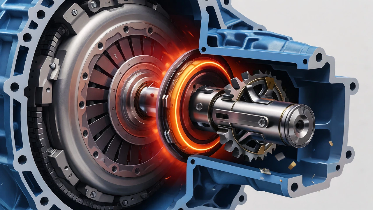 Cutaway view of overheating clutch and transmission components