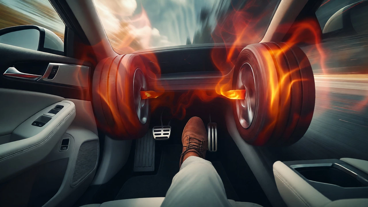 Driver braking hard with visible heat distortion rising from the wheels.