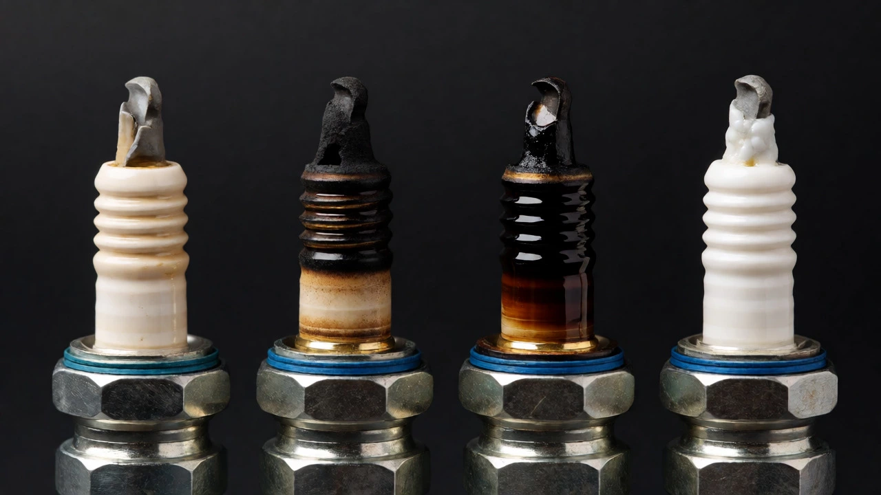 Four spark plugs showing different wear patterns like soot, oil, and heat damage.