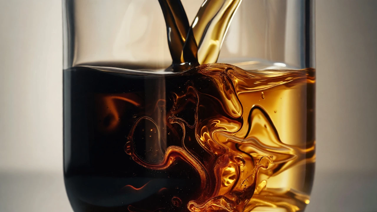 Macro view of dark used oil and golden fresh oil swirling together in a glass container.