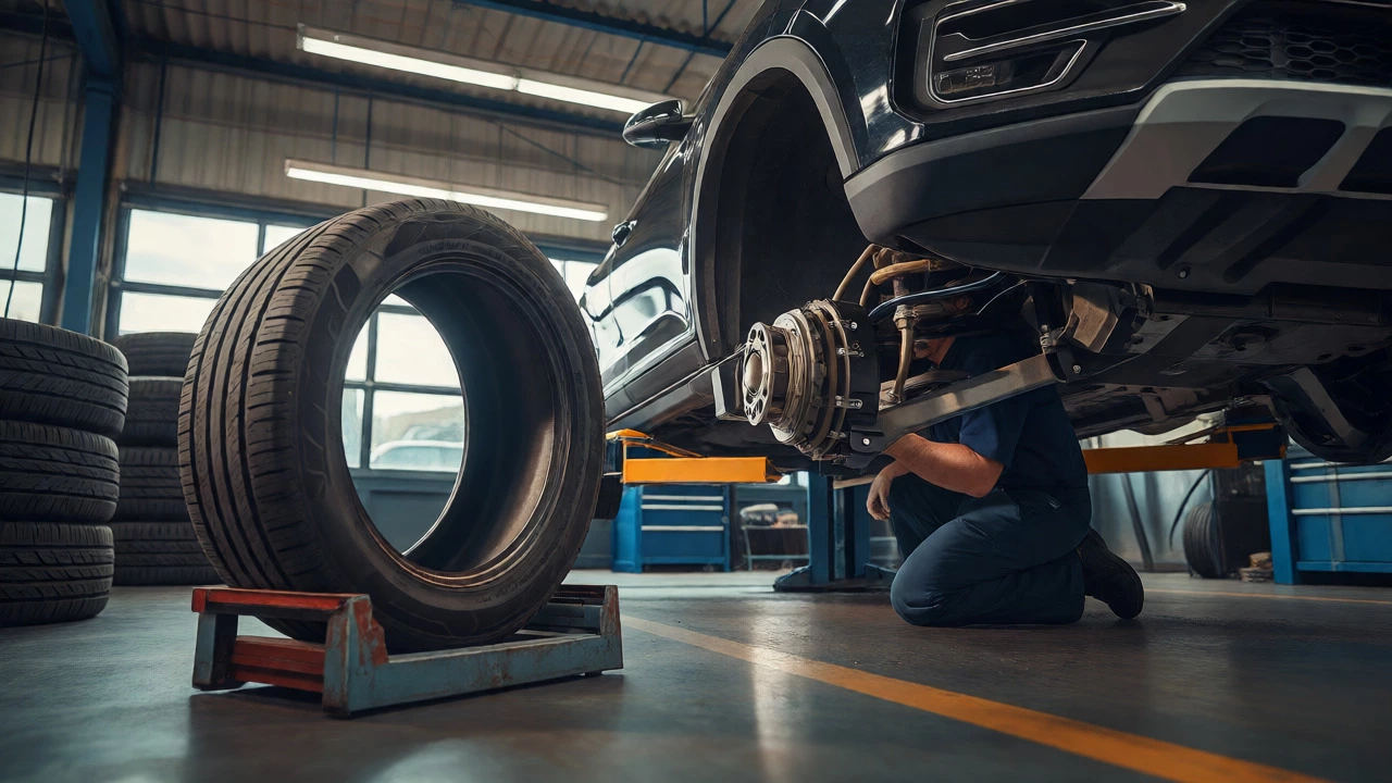 Mechanic inspecting car wheel alignment in a garage