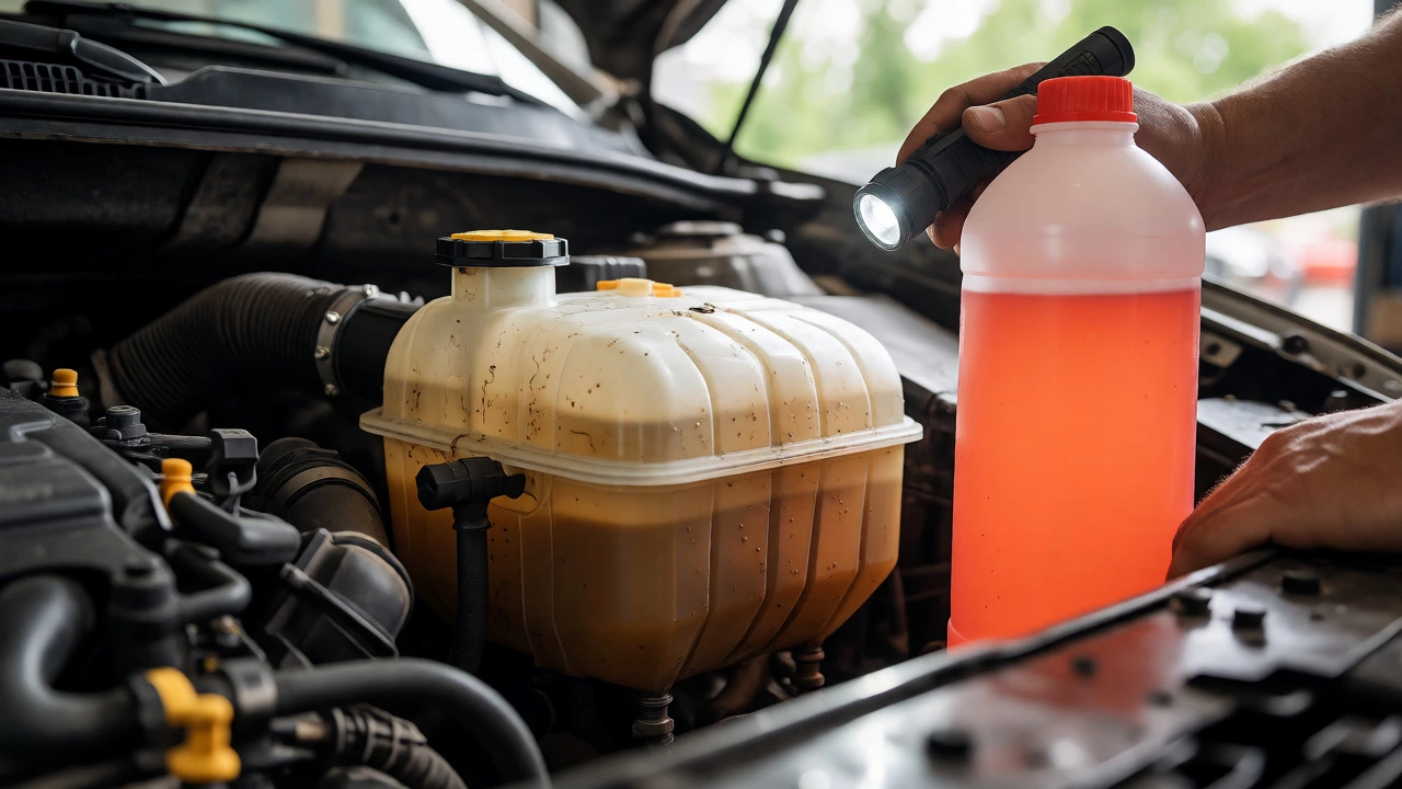 Mechanic inspecting discoloured coolant in a car engine bay