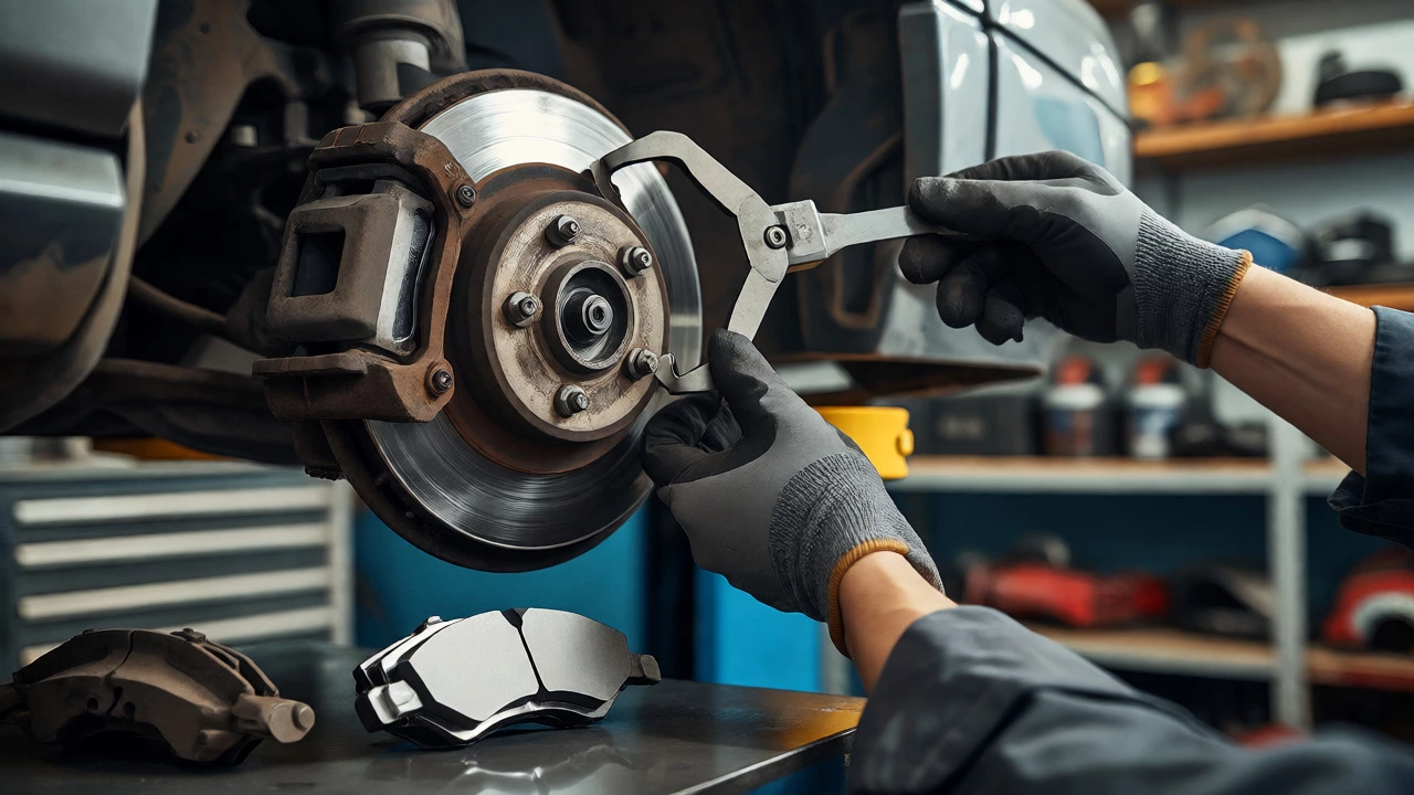 Mechanic installing new brake pads on a lifted car
