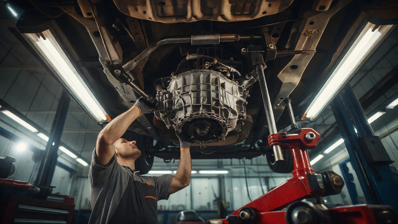 Mechanic removing gearbox from under car using engine support bar