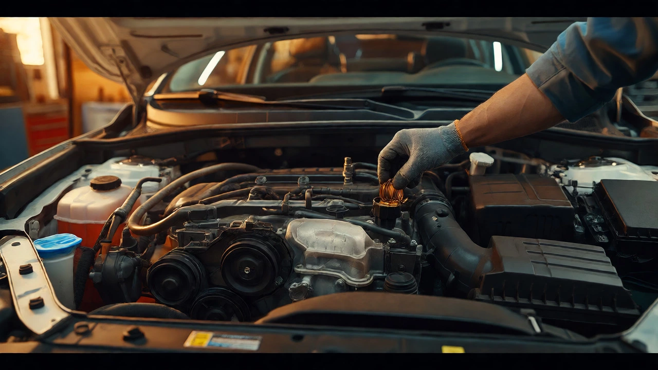 Mechanic topping up engine oil with a glowing dashboard oil life monitor in the background.
