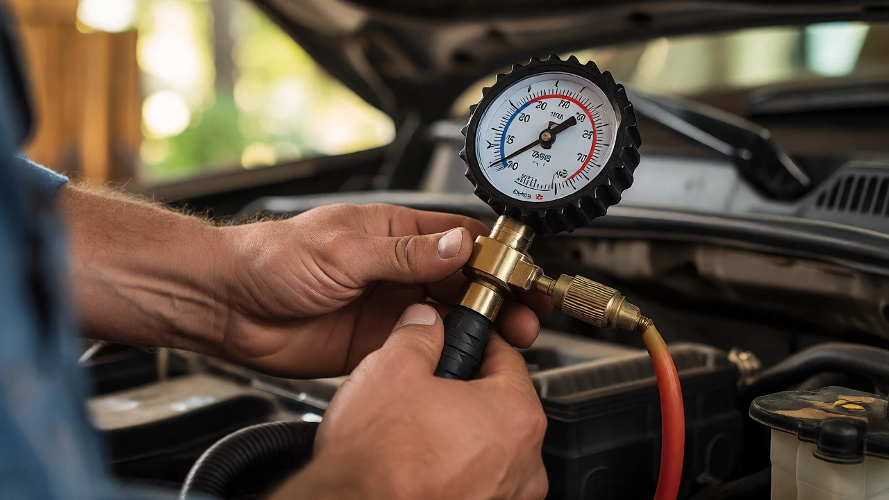 Mechanic using a fuel pressure gauge on a car's fuel rail during diagnostics