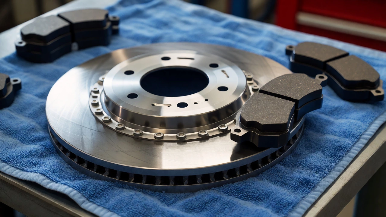 New brake pads being aligned against a clean, shiny brake rotor.