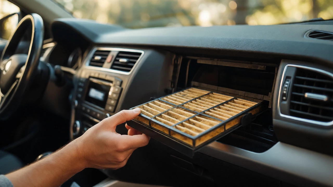 Removing a dusty cabin air filter from behind the glove box in a car interior.