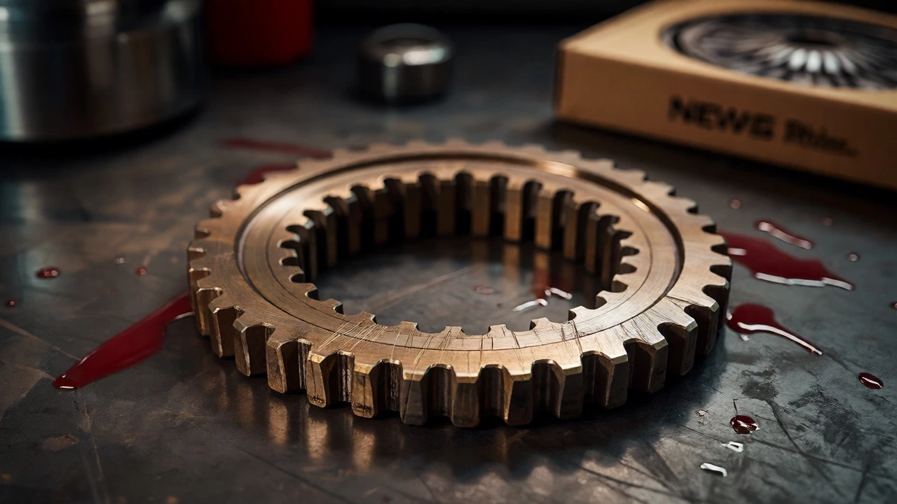 Worn brass transmission synchronizer ring on a workbench